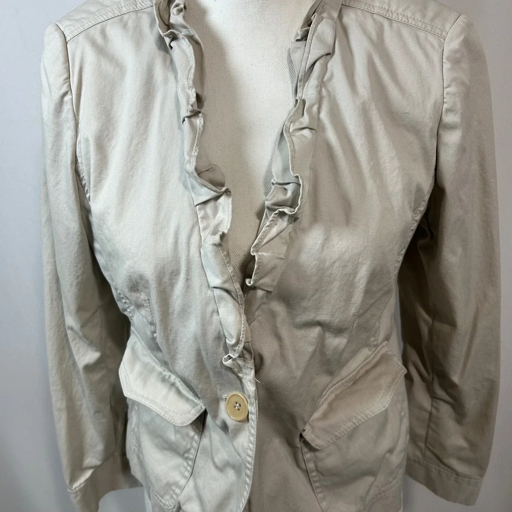 Talbots Petites Ruffle Front Blazer Jacket‎ Beige Cotton Blend Career